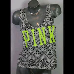 PINK VICTORIA'S SECRET SIZE M TANK SHIRT BLACK WHITE PRINT W/NEON GREEN LETTERS